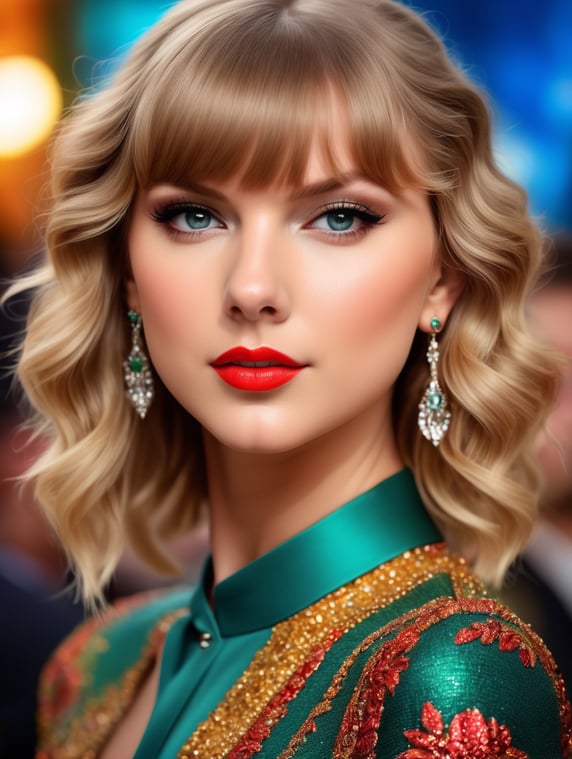 Portrait of Taylor Swift, bright and saturated colors, elegant, highly detailed, vogue, fashion magazine, sharp focus, bright expressive makeup, dramatic lighting, depth of field, incredibly high detailed, blurred background