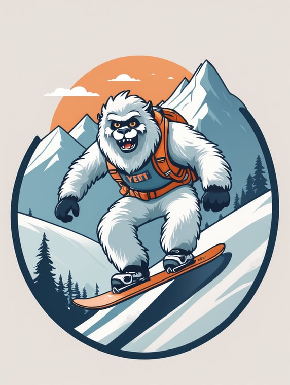 Yeti mascot snowboarding down a mountain, simple colors, logo, illustration style, cute, friendly.