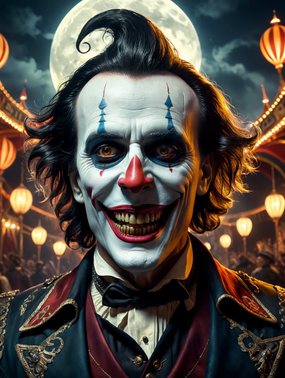 By Edgar Allan Poe and Salvador Dali, imagine Johnny Depp as a haunted harlequin, with a twisted smile and ghostly makeup, lurking in the shadows of a moonlit, abandoned circus, eerie, surreal, Halloween, cinematic photography, action shoot, movement, epic, high definition