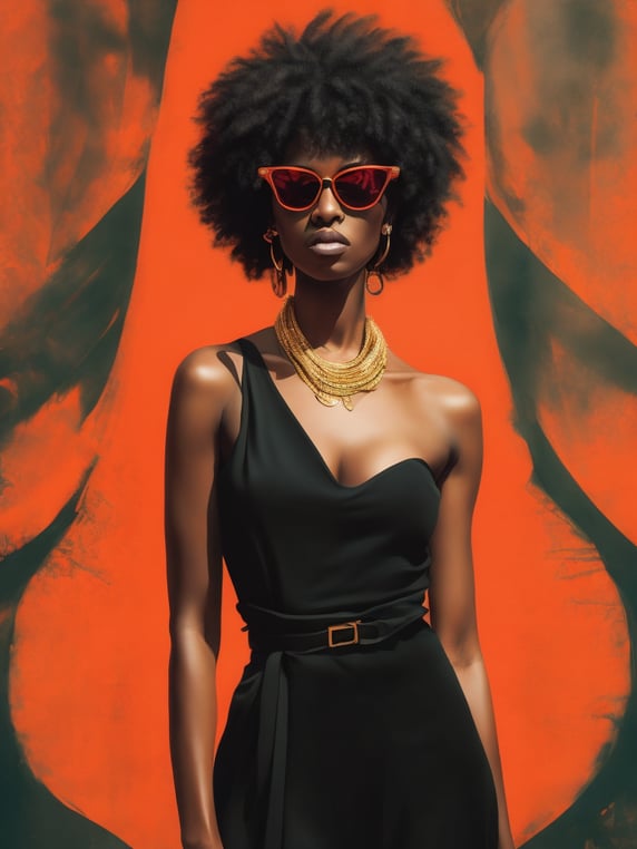Black female model standing in waist-length black fluid, wearing black fashion dress, red lighting, black sunglasses, thick gold necklace around her neck, short haircut, red-orange background, fashion model, magazine cover, professional shot, magazine photography, bright saturated colors, sharp focus, highly detailed
