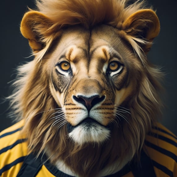 sport game, sport style, young lion head, yellow and black, floorball dress wearing, dark, player, match, portrait head,