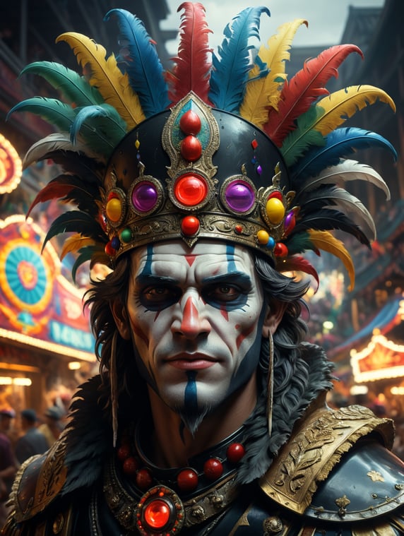 A game character with a carnival headpiece