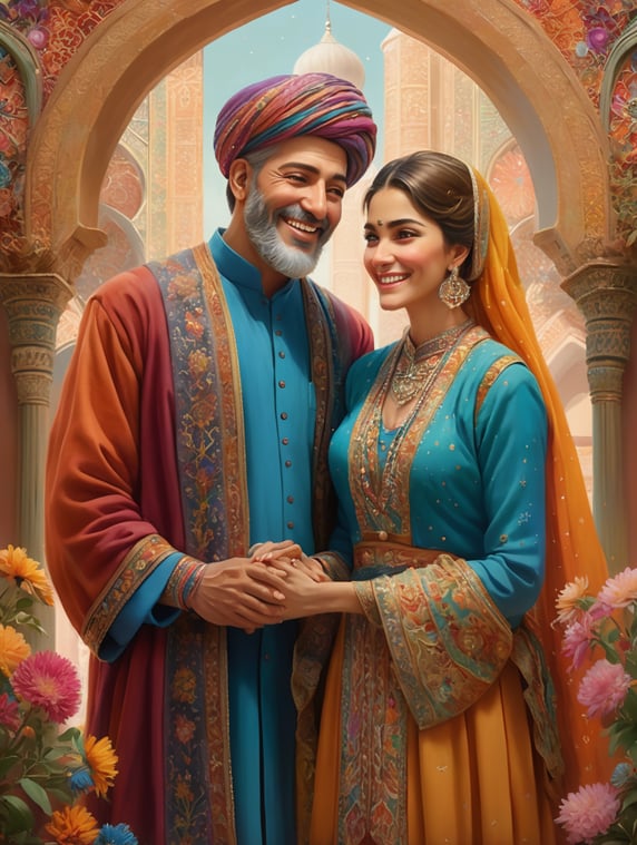 Iranian man and woman in the style of Iranian painting congratulating the new year
