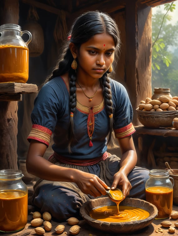 Indian Girl Preparing peanut oil