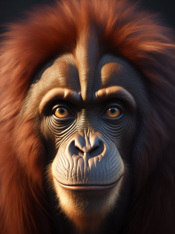 Type of Image: Photography (((Subject Description: realistic wall head))) A realistic digital illustration of a TAPANULI ORANGUTAN portrayed in a stylized, tribal art-inspired manner to represent the TAPANULI ORANGUTAN and its significance