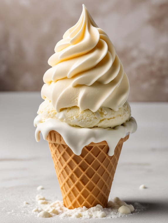 soft ice cream cone with top coated with a hard layer of solidified white chocolate coating not dark brown chocolate covering 85 of ice cream with white space around it