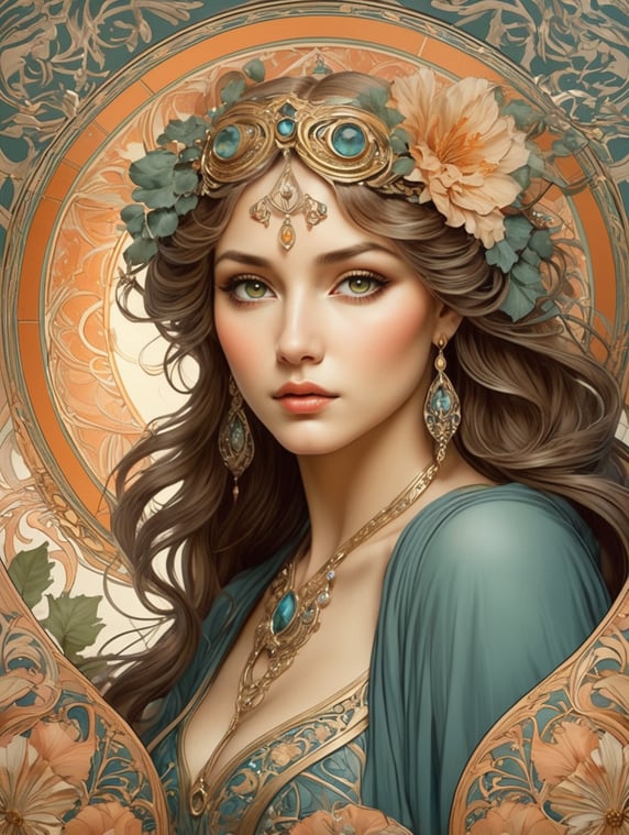 masterpiece), best quality, expressive eyes, perfect face Create a digital drawing in the style of Alphonse Mucha, the renowned Art Nouveau artist. Focus on intricate line work, flowing organic forms, and elaborate decorative motifs characteristic of Mucha's work. Incorporate a central figure, typically a graceful woman with long flowing hair, surrounded by symbolic elements such as flowers, vines, and geometric patterns. Pay close attention to the use of color, particularly soft pastel tones and rich jewel tones, to evoke a sense of elegance and opulence reminiscent of Mucha's palette. Aim for a harmonious composition with a balanced distribution of elements and attention to detail.