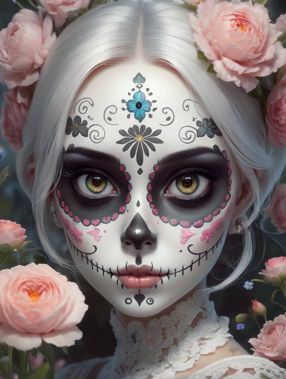 Detailed digital portrait, Pixar animation, character design, cute sugar skull ghost girl, gorgeous anime eyes, heart eyes, flowers, in the style of Lera Kiryakova, Anna Dittmann, Charlie Bowater, cgsociety, key visual, hdr