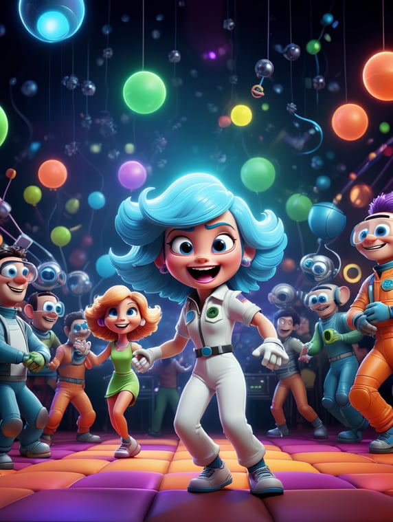 cartoon 3d astronaut dancing in a club among different eighties disco aliens; мультяшный 3д космонавт танцует в клубе среди разных инопланетян диско восьмидесятых