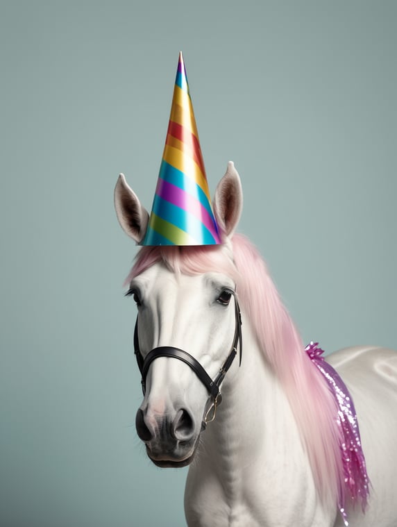 a horse dressed as a unicorn wears a party hat instead of a horn; un caballo disfrazado de unicornio en vez de cuerno usa un gorro de fiesta