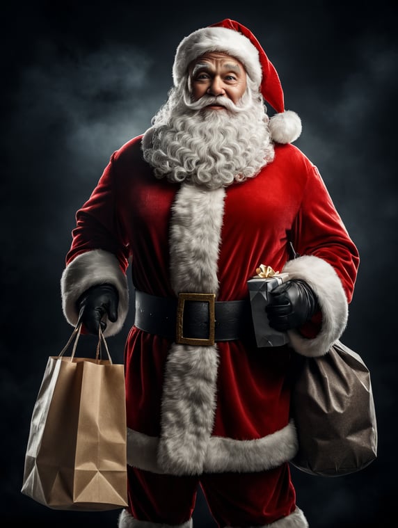 Santa Claus in full height holds a bag of gifts , on a white background, clipart