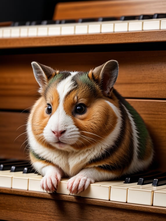 a dwarf hamster sleeping on the piano of an 8 year old girl with long brown hair, no glasses and brown-green eyes.; un hamster nain qui est en train de dormir sur le piano d'une petite fille de 8 ans qui a de long cheveux marron sans lunettes et au yeux marrons -verts.