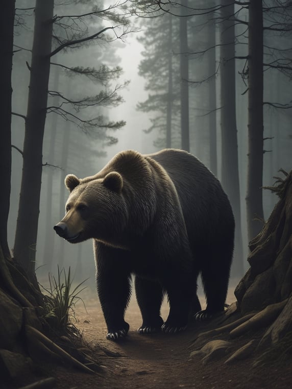 An illustration by Mark Catesby. An illustration of a bear standing in a forest, full length bear, full body
