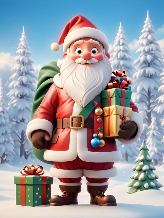 Santa Claus in full height holds a bag of gifts