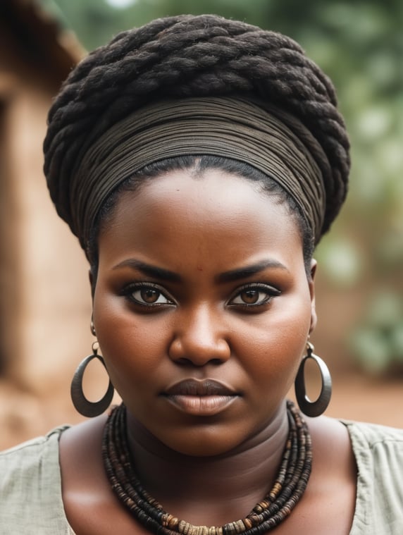 Generate a picture of iya basira (a plus size African woman)the village cook with evil in her eyes