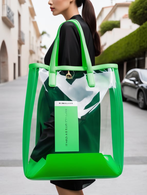 Inflatable vibrant green minimalist women's bag with minimalist label with walkis brand name transparent plastic as if designed by Virgil abloh. Put it on a beautiful lady in a black dress and black tennis shoes outside a minimalist and lonely Luis Barragan house.; Bolsa de mujer minimalista de color verde vibrante inflable con etiqueta minimalista con nombre de la marca walkis transparente de plástico como si fuera diseñada por Virgil abloh. Colocársela a una bella dama con vestido negro y tennis negros afuera de una casa de Luis Barragan minimalista y solitaria.