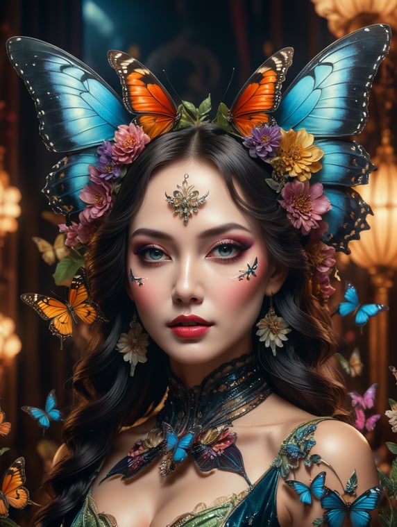 Butterfly women, cabaret imagine style portrait of a goddess, professional photo, 4k, high detail, 30mm lens, aesthetic ,flower, muted colors, cinematic style