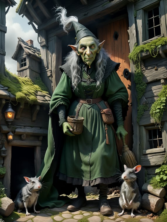 An old witch dressed in dark green, ugly with a big nose and warts, crooked back viewed from the front, one grey rat by her feet, standing outside a tumbledown cottage. Smoke coming out of a broken chimney.