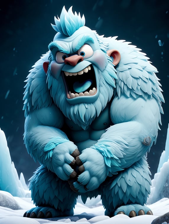 Glacial yeti description the glacial yeti is a towering ice creature that glistens with frost in 8k detail, watch as ice crystals form and shatter realistically as it moves through its frigid habitat
