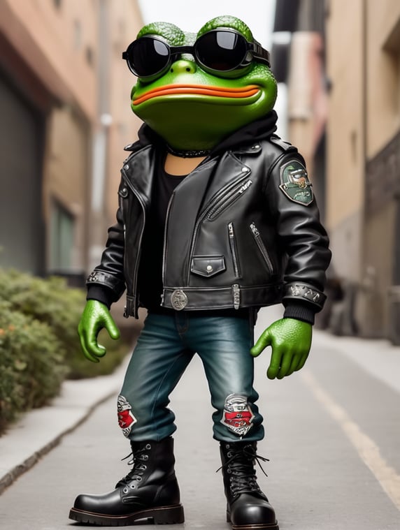 Pepe the frog metalhead with leather jacket and army boots