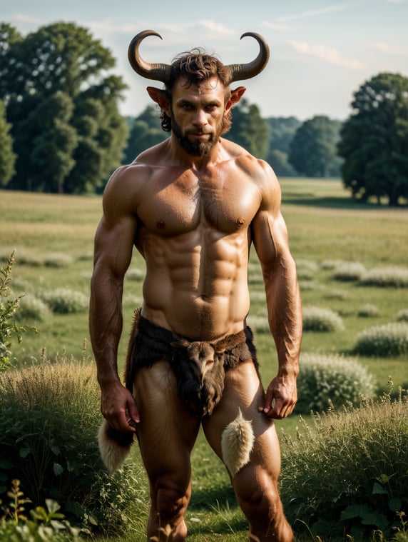 A Satyr stands in a meadow.