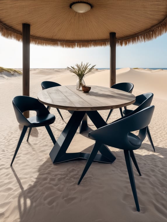Dining table, in the middle of a dune , the legs of the table are replaced with car wheels