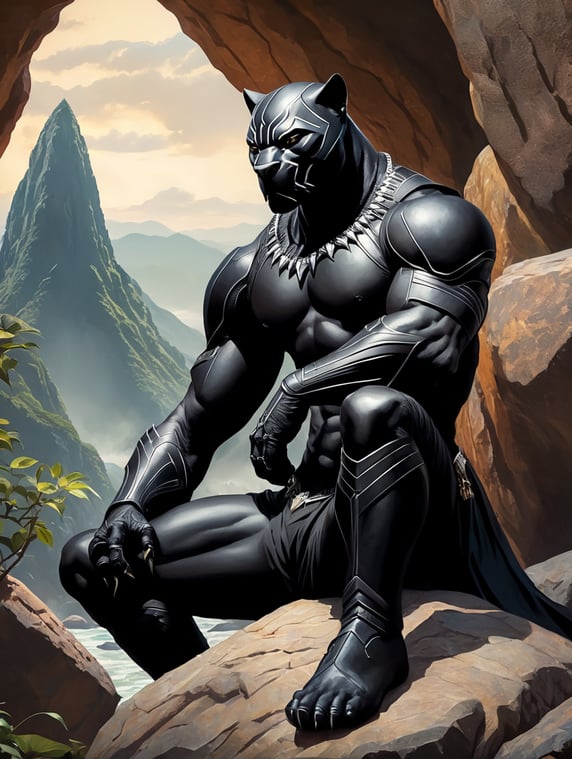 970’s dark fantasy book cover paper art dungeons and dragons style drawing of an alien black panther sitting on a rock, in the style of caravaggesque chiaroscuro, gothic references