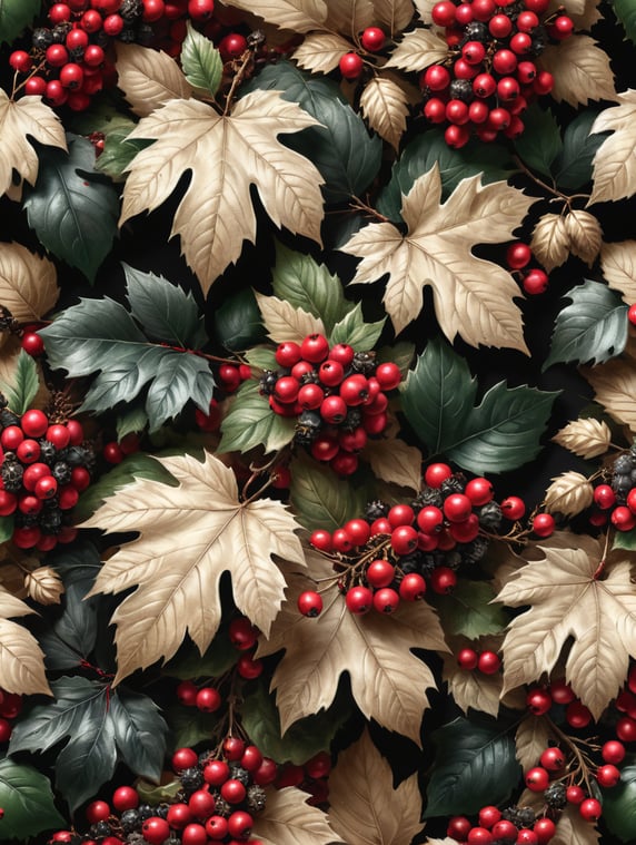 wallpaper ink design, christmas berries and leaves, two shades of beige