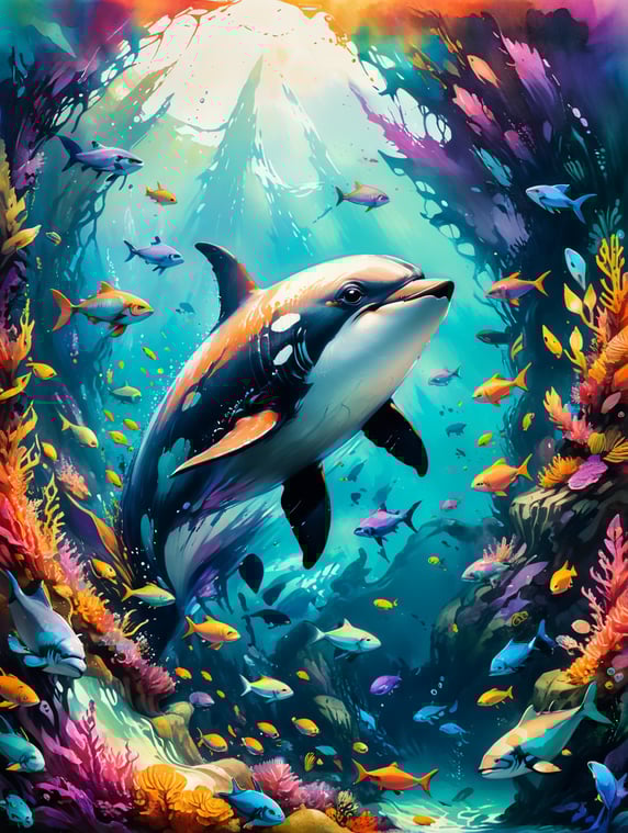 orca in a sea full of colorful fishes.