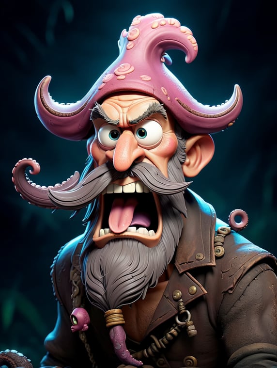 old pirate with octopus beard, dark scene, dark atmosphere, epic shot, sharp on details