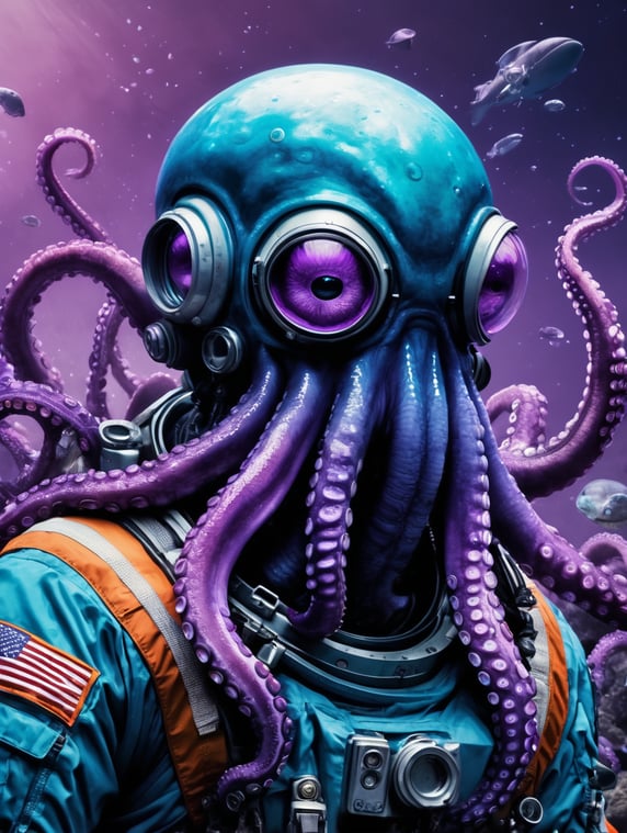 Astronaut lost under the sea, high contrast, vivid, purples, blues, angry orage octopus