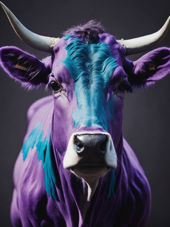 Purple Cow Portrait, Sharp Details, Cow Focus, Bright colors, Cyan Gradient Background