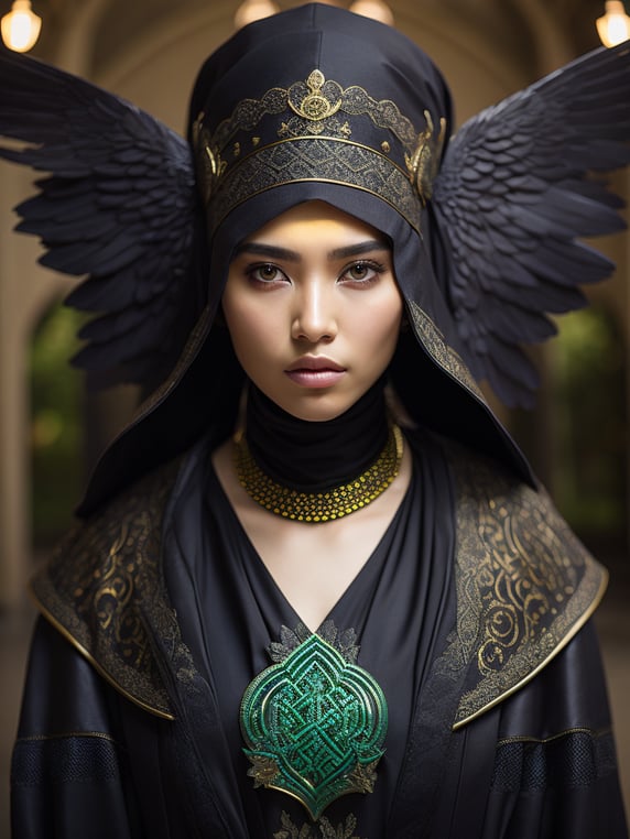 hyper-realistic, ultra-detailed photograph of indonesia white woman with arabic niqab fashion black cloak with many black bird fly in the back. Dark Renaissance ottoman throne kingdom background, photo realistic, golden jewelry, dark, sunlight fractal details, depth of field, HOF, hall of fame, detailed gorgeous face, apocalyptic environment, natural body posture, professional photographer, captured with professional DSLR camera, trending on Artstation, 64k, ultra-detailed, ultra-accurate detailed, bokeh lighting, surrealism