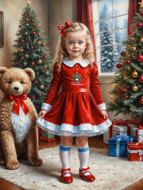 Made a full-length watercolor image of a cute little girl with blue eyes, wearing a red Christmas dress, long white stockings with a red ribbon and red shoes, with a crown on her head and long blond curly hair. Next to her is a brown teddy bear, a cup of tea and cookies. Behind her is a Christmas tree and Christmas presents.