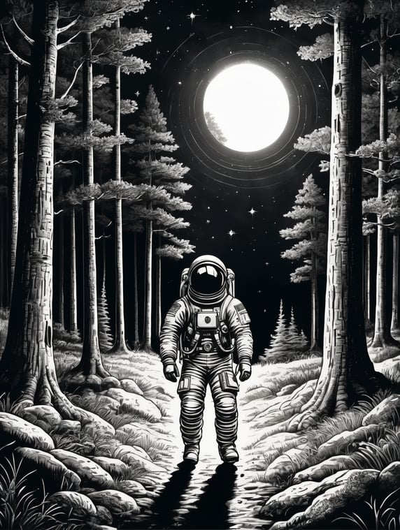 detailed vintage sketch art astronaut in a the woods a night with a ufo flying above beaming ray of light