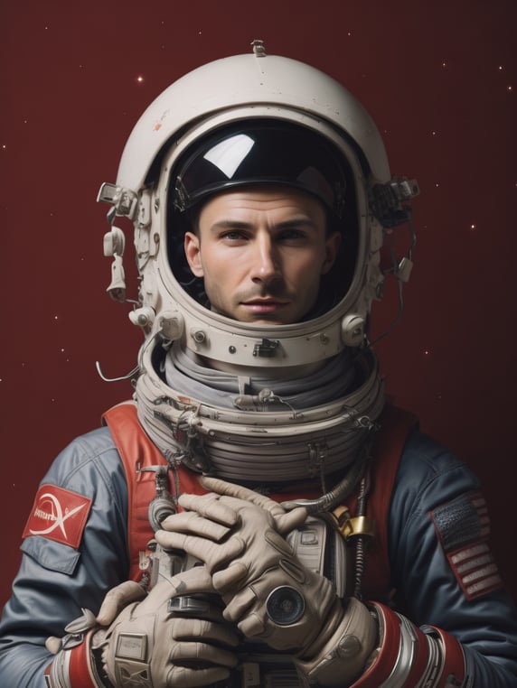 cosmonaut Yuri Alekseevich Gagarin in a red space suit, a red space uniform, with a large white cosmonaut helmet on his head, a helmet to cover his forehead, in the style of a Serbian Orthodox icon, a picture from the wall of a Serbian medieval monastery, holding a white dog Laika in his hands, a stray dog , in the background there are stars, red uniform, old wall picture in church, cosmos, universe, space trip, cosmonaut, medieval icon from Serbian monasteries style, golden circle behind the head, in the background the wall of the monastery architecture, the wall of the church, in the style of icon painters from the Middle century, oil painting, icon, painting of a saint, holy man, priest, ruler, Russian cosmonauts, 1960,; kosmonaut Jurij Aleksejevič Gagarin u crvenom svemirskom odelu, svemirskoj uniformi crvene boje, sa velikom belom kosmonautskom kacigom na glavi, kaciga da pokriva čelo, u stilu srpske pravoslavne ikone, slike sa zida iz srpskog srednjevekovnog manastira, u rukama drži belog psa lajku, stray dog, u pozadini su zvezde, red uniform, old wall picture in church, cosmos, universe, space trip, cosmonaut, srednjevekovna ikona iz srpskih manastira stil, zlatni krug iza glave, u pozadini zid arhitekture manastira, zid crkve, u stilu ikonopisaca iz srednjeg veka, slika u ulju, ikona, slika sveca, sveti čovek, sveštenik, vladar, ruski kosmonauti, 1960,