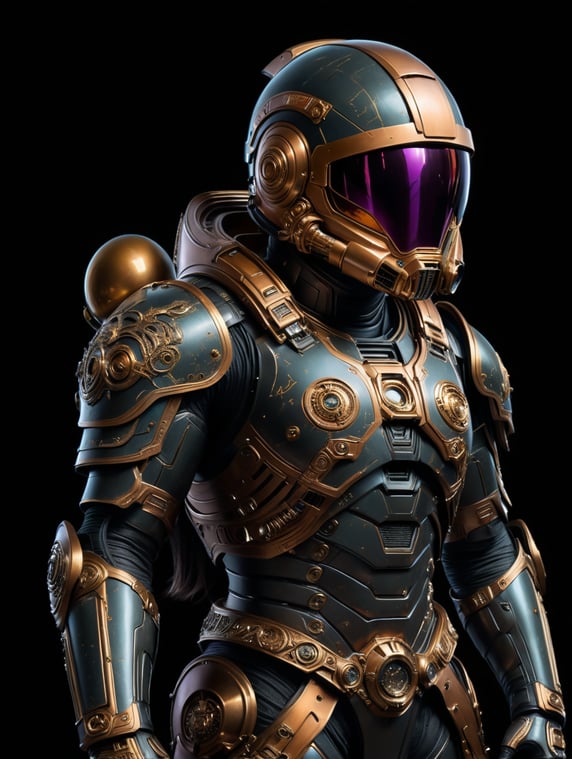 Space man with bronze color dark helmet, with two sexy space girls in slutty dresses