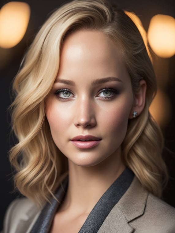 Portrait of Jennifer Lawrence, ultra realistic, blonde hair, bright makeup, detailed background