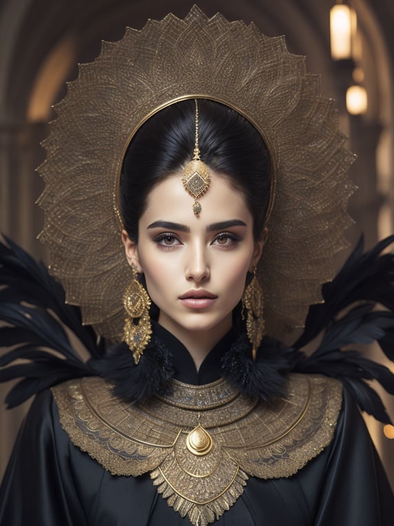 hyper-realistic, ultra-detailed photograph of a Beautiful woman who has large black crow feather wings wearing arabic fashion black cloak and gold crown in the Renaissance ottoman mosque background, detailed gorgeous face, depth of field, HOF, hall of fame, photo realistic, golden jewelry, shiny, sunlight fractal details, detailed gorgeous face,