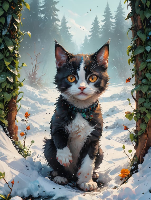 A small black and white kitten, playing in the snow in a small wintery garden viewed from ground level. A small hedge in the background.