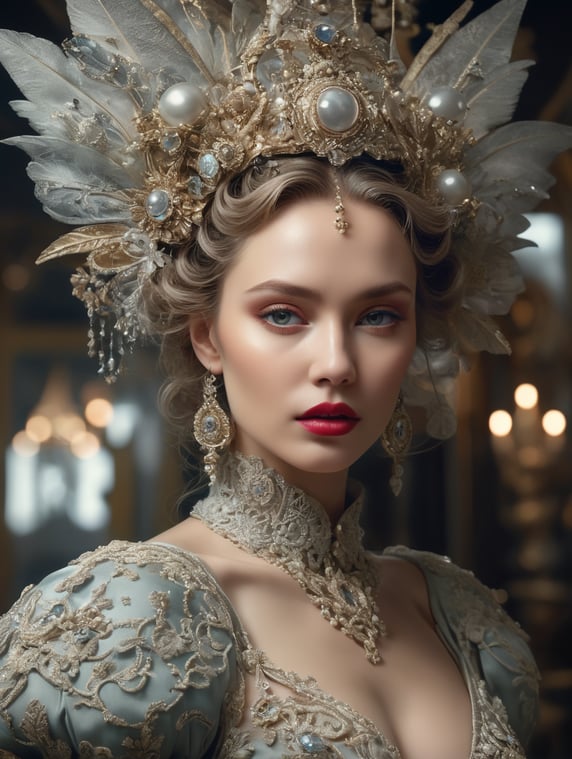 Tim Walker style award winning intrinsic detail dreamscape photo-art high fashion portrait style of a female supermodel with stylized modern hair in John Galliano fashion design in a high fashion studio, hd, 8k
