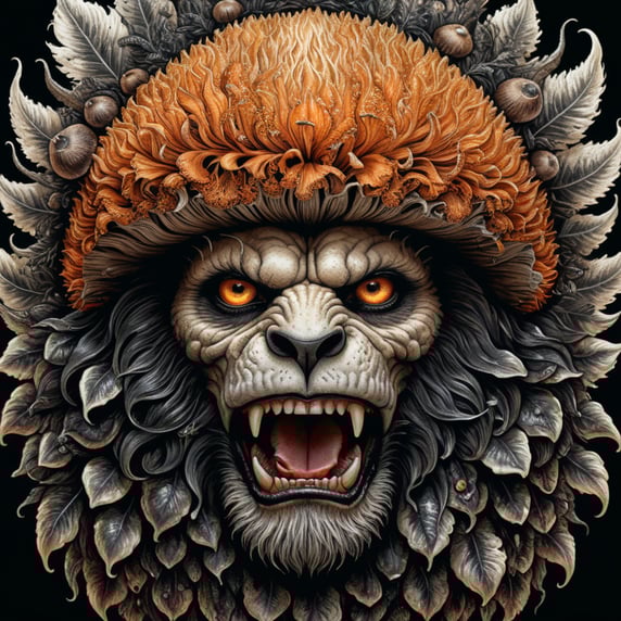 black Ink art woodcut style with realistic illustration drawing of mushroom lion's mane Hericium erinaceus over white background