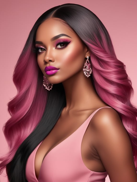 There stunning glamorous images of a brown skinned woman black beauty with long extensions, side-parted Straight pink hair black roots and false lashes. Her lips are full and beautifully enhanced with fillers, and she is dressed in vibrant pink & black , from her outfit to her background. The overall atmosphere of the photo is glamorous and bold, with a touch of elegance and a focus on the woman's striking features different poses.