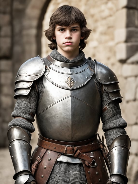 a young medieval squire, wearing old and dented armour, in the style of early 80s dungeons and dragons