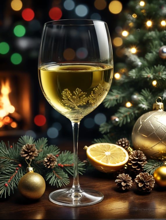 glass of white wine in tumbler on christmas background