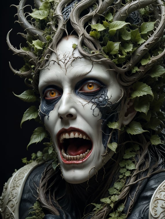 An unsettling sculpture that exudes an aura of beauty and horror, featuring a delicate, porcelain-like face combined with twisted, organic forms reminiscent of thorny vines, evoking a sense of both fascination and unease. Beauty Horror