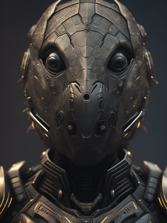 Portrait of a cybernetic black turtle, sunburst around head, deadly face with power armor, ultra realistic, intricate details, highly detailed, photorealistic, octane render, volumetric lighting.