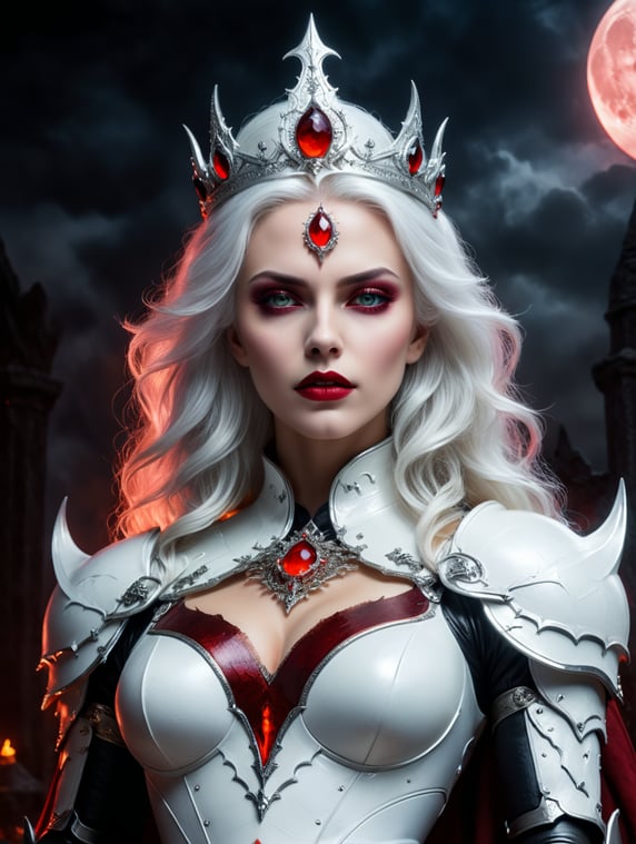visualize a beautiful white haired vampire queen, perfect face, in a hauntingly beautiful completely white armor, on her throne, under a crimson moon, eerie, sophisticated, Halloween, cinematic photography, action shoot, movement, epic, high definition, large crown with jewels, wide hips
