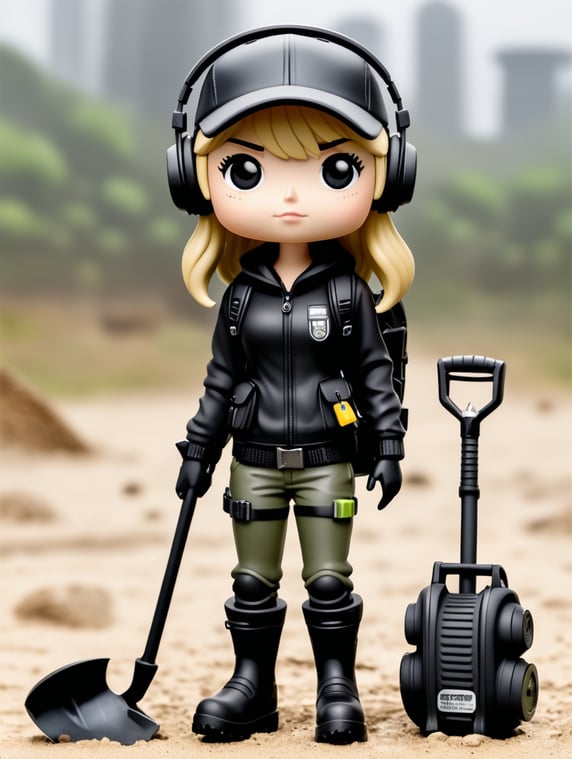 Female funko pop character with short length straight blonde hair wearing black cap and headphones black clothes with grey wellies and holding a metal detecting machine and a spade with a back pack on and a tool belt around the waste