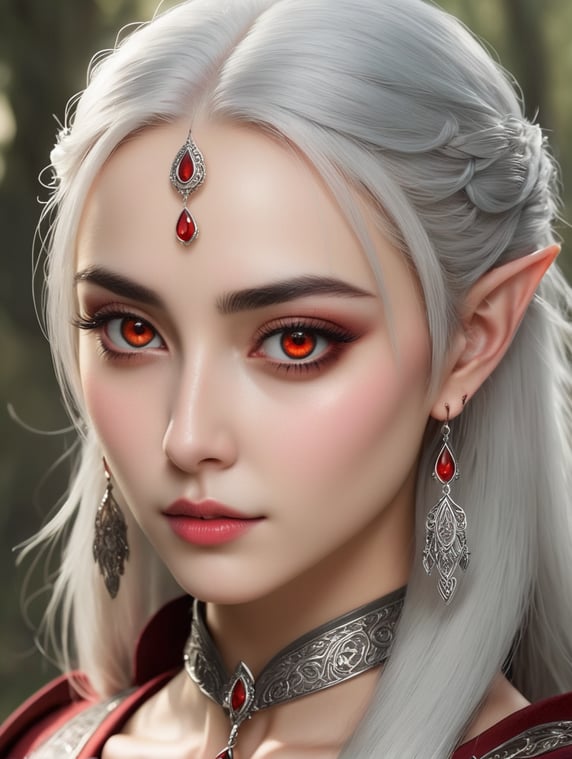 red Eyes (crimson color): Her large, almond-shaped eyes are a deep, glowing crimson, exuding intensity and mystery. The upper eyelids are slightly arched, with thick, long lashes framing her piercing gaze. The eyes angle subtly at the inner corners, emphasizing her elven heritage and otherworldly charm. Black hair Eyebrows: Her dark, sharply arched eyebrows mirror the color of her hair, adding definition and balance to her expression. They tilt slightly upward at the edges, enhancing her confident, almost predatory demeanor. Nose: The nose is straight, narrow, and delicate, with a soft, rounded tip and subtle nostrils. Its proportions harmonize with the rest of her sharp, refined features. Expression is, angry, tears, biting lip Ears: Her long, pointed elven ears extend outward and taper gracefully to sharp tips. They are adorned with small, intricate silver earrings